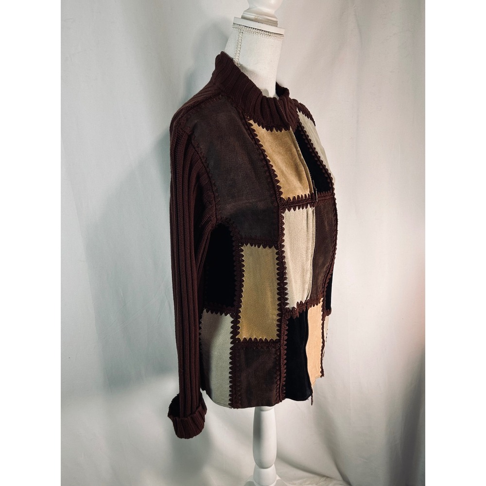 Vintage Patchwork Suede Knit Full Zip Jacket Brown Tan Mock Neck Boho Large - Picture 7 of 11